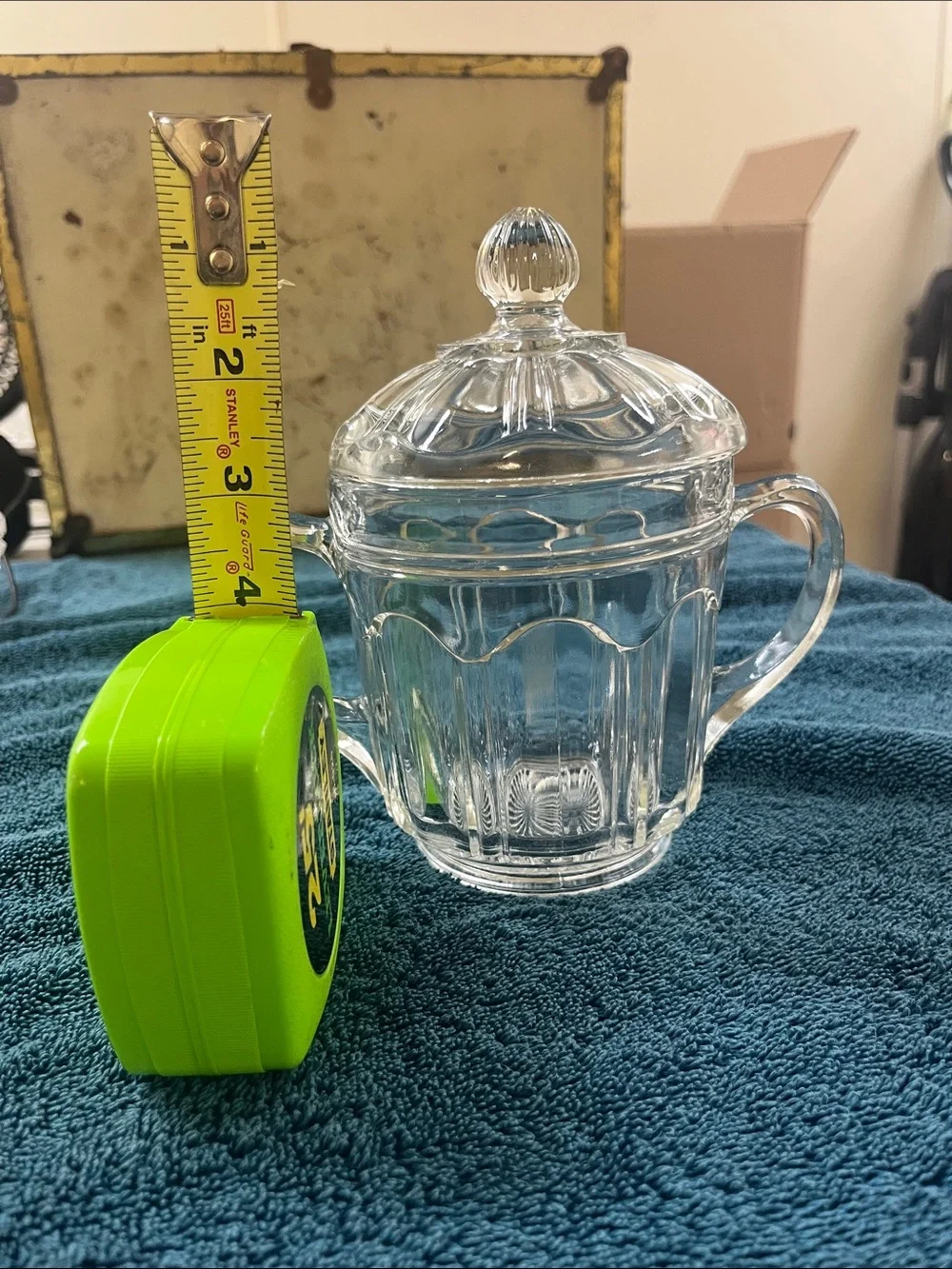 Vintage double handled glass sugar dish with cover